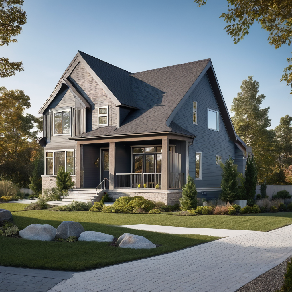 Well-maintained modern home with pitched roof against clear blue sky